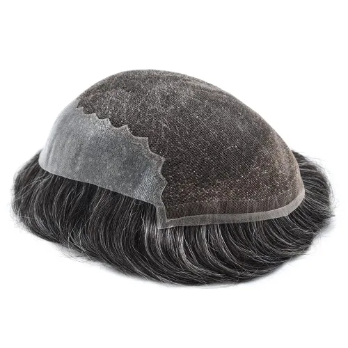 Vista 4 de Toupee para hombres, sistemas de reemplazo de cabello francés, encaje frontal, nudos blanqueados, línea capilar natural, encaje con piezas