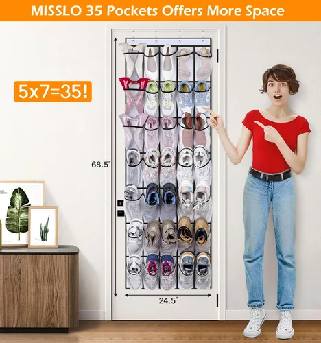 Vista 7 de MISSLO Organizador de zapatos con 35 bolsillos grandes para colocar sobre la puerta + 24 bolsillos grandes de malla, color blanco