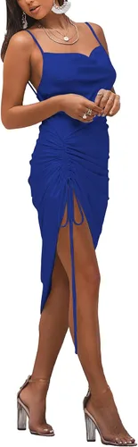 Vista 3 de LYANER - Vestidos de satén para mujer, con tirantes delgados y cuello desbocado, largo por debajo de la rodilla, diseño sexi, fruncido para cóctel