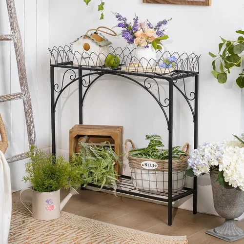 Vista 5 de Estante largo negro de doble capa, soporte de metal estilo patio francés para plantas altas en maceta, soporte resistente para macetas interiores