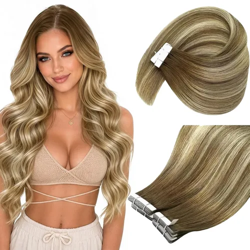 Vista 10 de Ve Sunny Extensiones de cabello humano real con cinta, cabello humano Remy, lacio, doble cara, color marrón oscuro, balayage, rubio dorado oscuro
