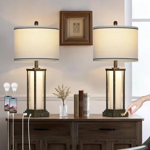 Vista 8 de 27in Tall Farmhouse Table Lamp with USB C+A & Outlet,Black Industrial End Table Lamp for Living Room,Vintage Rustic Bedside Lamp with Night Light