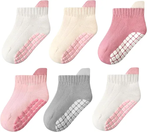 Vista 8 de Calcetines tobilleros antideslizantes para niños pequeños con agarres, lindos sin costuras, para bebés, niños y niñas, 6 pares