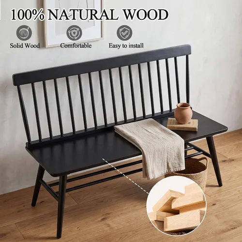Vista 3 de DUHOME Banco de entrada, Banco de comedor negro con respaldo de espiral, Banco de madera de casa rural Windsor para vestíbulo, balcón, sala