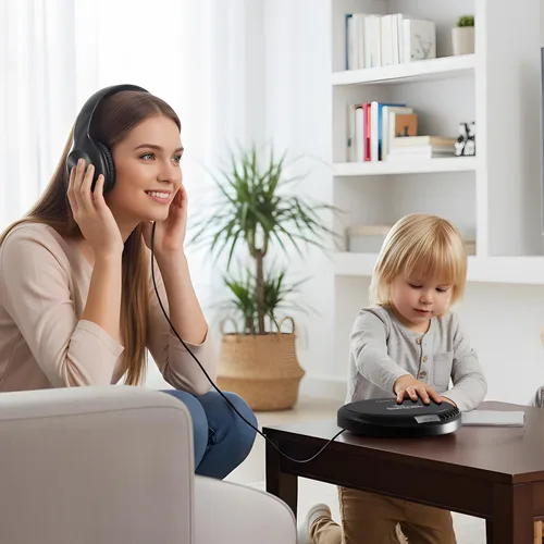 Vista 8 de Coby Reproductor de CD portátil con reproducción MP3 y radio FM, protección anti-salto de 60 segundos, auriculares con cable plegables, reproductor