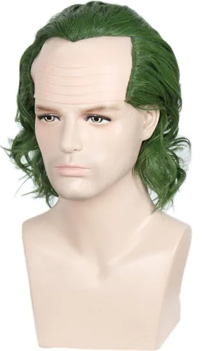 Vista 5 de Linfairy Peluca corta de payaso calvo para Halloween, cosplay, peluca rizada verde