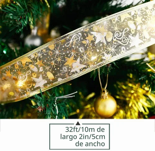 Vista 5 de Hongsome - Luces de cinta para decoración de árbol de Navidad, 32 pies con 100 luces LED, cinta dorada con borde de alambre, luces de hadas