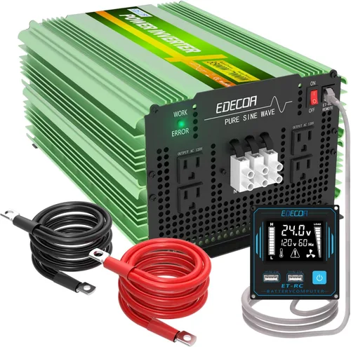 Vista 10 de EDECOA - Inversor de corriente de onda sinusoidal pura de 3500 W, 12 V CC a 120 V CA ETRC Remote Controller with LCD Display and Dual USB, 4 AC