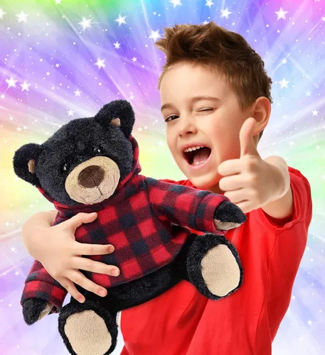 Vista 2 de DolliBu Oso negro y alce de felpa con capucha a cuadros rojos, suave y abrazable, adorable peluche de zoológico con ropa, lindo regalo de vida