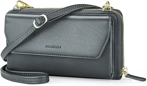 Vista 10 de nuoku Cartera RFID para Mujer Monedero Muñequera Bandolera Clutch con Cremallera Perimetral 2 Correas Negro