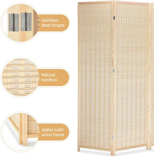 Vista 3 de Divisor de habitación con bambú natural, 5 paneles plegables de privacidad, separador de habitación independiente, color beige