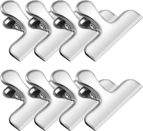Vista 11 de Pinzas para bolsas, clips de acero inoxidable resistentes, paquete de 8, gran cierre para bolsas de alimentos, ideal para sellar bolsas de café Negro