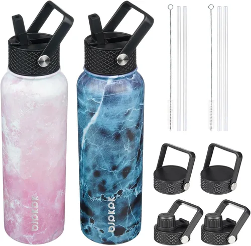 Vista 18 de BJPKPK Paquete de 2 botellas de agua aisladas con tapas con pajita, botella de agua de metal de acero inoxidable de 18oz con 6 tapas, jarras a
