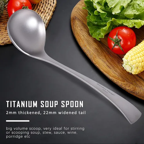 Vista 3 de Boundless Voyage Cucharón de titanio con mango largo, cuchara de sopa ultraligera y duradera, utensilios para acampar al aire libre, picnic, cocina