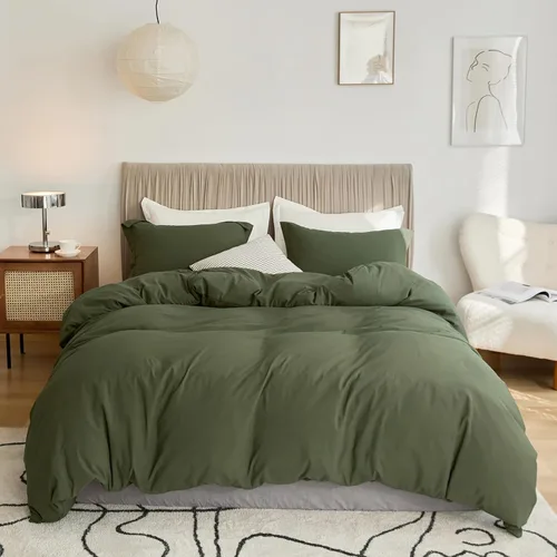 Vista 12 de VClife Juego de ropa de cama verde salvia, tamaño queen, microfibra lavada, funda de edredón verde con cierre de cremallera (sin edredón), ultra