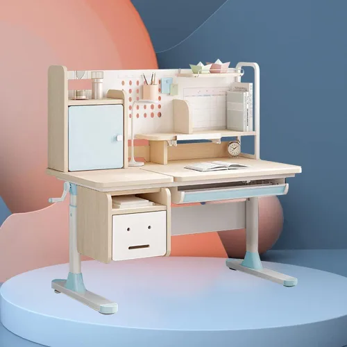 Vista 2 de FCD Mesa de estudio ergonómica de madera de altura ajustable para niños, mesa de redacción para computadora, estantería incorporada, multifunción
