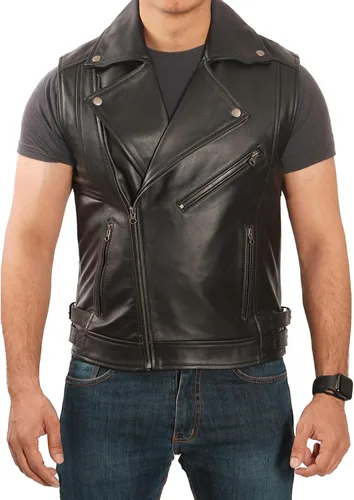 Vista 3 de Decrum Chaleco de cuero para hombre, estilo de motocicleta, sin mangas, de cuero real, con bolsillos ocultos