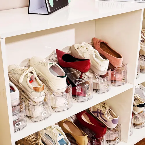 Vista 6 de Organizador de ranuras ajustables para zapatos, paquete de 10 unidades de apiladores de zapatos transparentes, soporte para zapatos, ahorrador