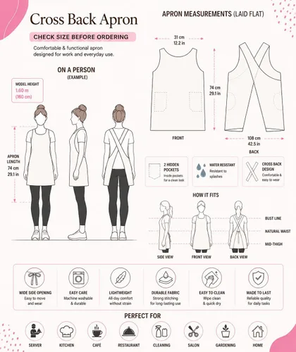Vista 7 de Delantal con espalda cruzada para mujer. Impermeable. Delantales japoneses para mujer con bolsillos. Uniforme de limpieza. Delantal de limpieza