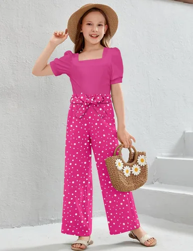 Vista 24 de DONWEN Conjunto de 3 piezas de ropa para niñas pequeñas y niñas con cuello cuadrado + pantalones elegantes + diadema para primavera y verano