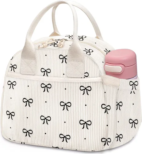 Vista 28 de Carry bloom Lonchera para mujer, lonchera aislada, bonita lonchera de pana reutilizable para el trabajo (1 rayas blancas y negras)