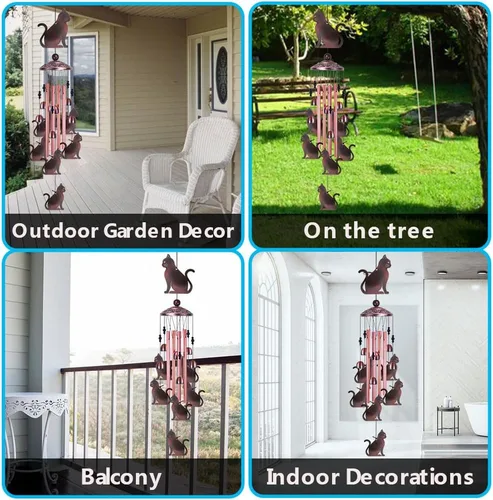 Vista 6 de Campanillas de viento de jardín para gatos al aire libre y en interiores - con 4 tubos, 6 campanas, 7 gatos, atrapaventos de gatos móviles