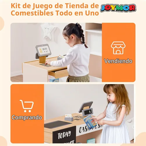 Vista 2 de JOYMOR Tienda de comestibles de juguete, juego interactivo de supermercado de madera con máquina de café expendedora, accesorios de venta y compra