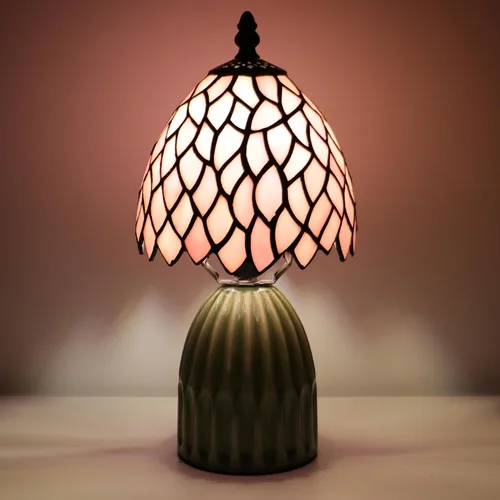 Vista 6 de Tiffany Stained Glass Mushroom Table Lamp 12.5 Inch -Pink Leaf Tiffany Lamp,6X6X12.5 Inch,Small Night Light,Ceramic Base, Mini Accent Light