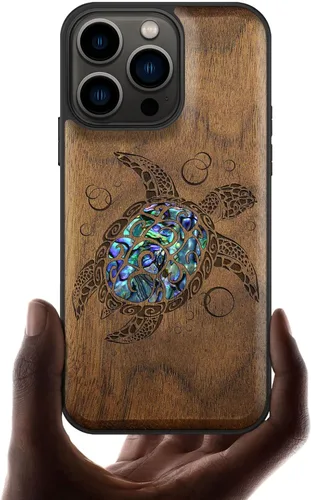 Vista 7 de Carveit Funda protectora de madera de diseñador para iPhone 13 Pro, cubierta magnética, grabado en madera e incrustaciones de concha, funda