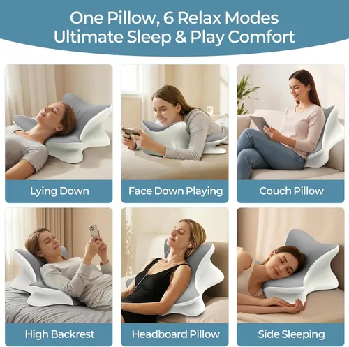 Vista 7 de Almohada cervical para el cuello para aliviar el dolor, almohada de lectura ergonómica para la cama, almohada de soporte de espalda de cuña de Gris