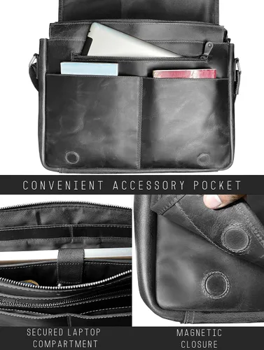 Vista 5 de Bolso de mensajero de cuero para hombre, 16 pulgadas, de grano completo, para laptop, vintage, cruzado, oficina, bolso de viaje
