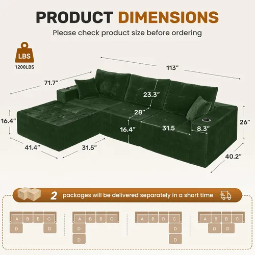 Vista 2 de Luxanimarion Sofá modular modular de 113 pulgadas para sala de estar, sofá convertible en forma de L con otomana, sofá modular modular de 4 plazas