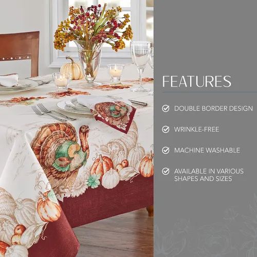 Vista 3 de Elrene Home Fashions Mantel de otoño con bordes de pavo y resistente a arrugas, cubierta para mesa de temporada, 152 x 213 cm, rectangular