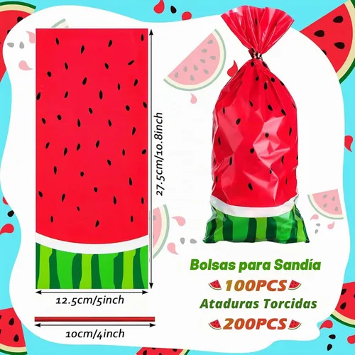 Vista 2 de 100 bolsas de sandía para dulces de celofán, bolsas de plástico de melón a granel con 200 lazos giratorios para regalo de fiesta de cumpleaños