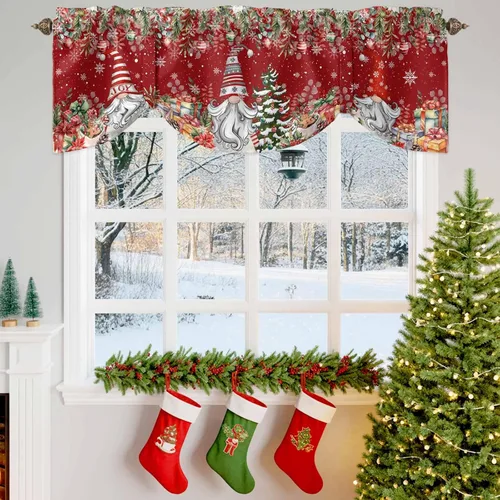 Vista 12 de Cenefa de amarre de muñeco de nieve de dibujos animados para ventanas de cocina, bolas de Navidad, ramas de hojas, cenefas de cortina de 42 x 12