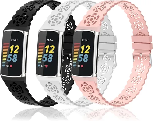 Vista 7 de Paquete de 3 correas elásticas de nailon y silicona delgadas compatibles con Fitbit Charge 6/Charge 5, correa deportiva de repuesto ajustable Nailon