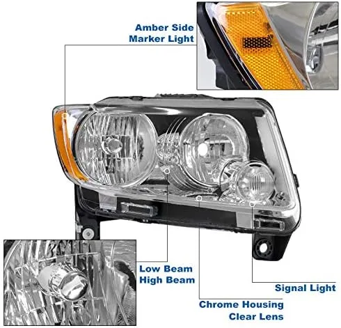 Vista 2 de Faros delanteros de repuesto cromados compatibles con Jeep Grand Cherokee 2011-2013/2011-2017 Compass