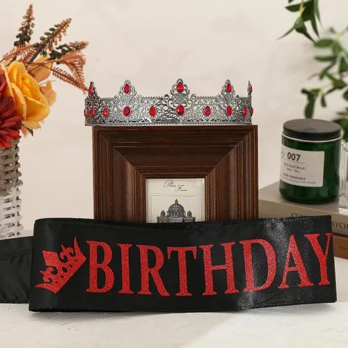 Vista 3 de Corona y banda de cumpleaños, decoración de fiesta de cumpleaños para hombres (negro y rojo)