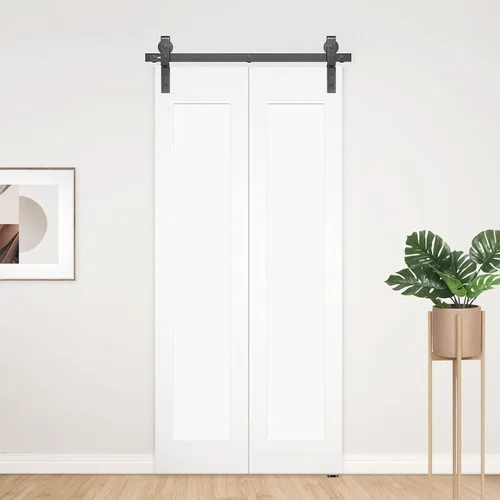 Vista 6 de Kit de herrajes para puerta de granero plegable de 52 pulgadas para 2 puertas, rodillo resistente montado en riel negro y en la parte superior, kit