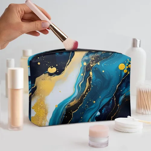 Vista 5 de Flashideas Bolsa de maquillaje portátil de cuero impermeable bolsa de cosméticos embrague maquillaje cepillo bolsa, Estampado De Mármol Azul 1