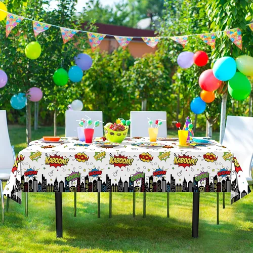 Vista 4 de 3 manteles de fiesta de cumpleaños con temática de héroes, mantel rectangular desechable de plástico de paisaje urbano blanco Super Bang para baby