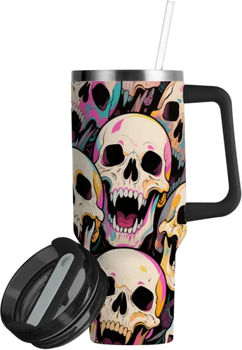 Vista 2 de Botella de agua de boca ancha al vacío con diseño de calavera de animales de dibujos animados coloridos para niños con tapa y pajita, taza