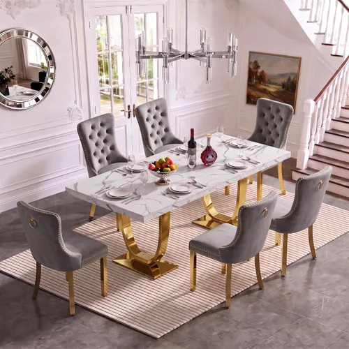 Vista 10 de Henf Mesa de comedor rectangular de mármol sintético blanco de 70 pulgadas Blanco & Oro
