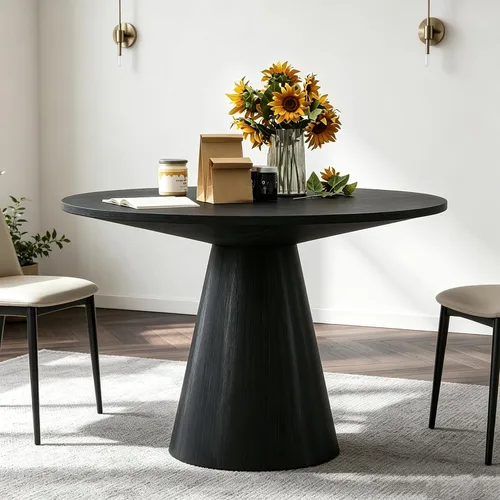 Vista 21 de JUSTONE Mesa de comedor redonda de 47.2'' para 4 personas, mesa de cocina moderna de madera con diseño de rejilla circular base de pedestal, mesa
