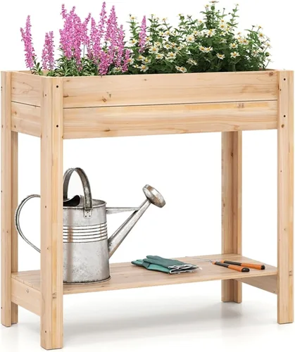 Vista 10 de GIANTEX Maceta elevada, caja de jardín elevada con 8 rejillas y mesa de trabajo lateral, contenedor de madera para plantas al aire libre patio