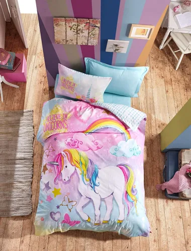 Vista 2 de Juego de ropa de cama 100% algodón con diseño de unicornio, juego de funda de edredón con temática de unicornios, tamaño individual/individual