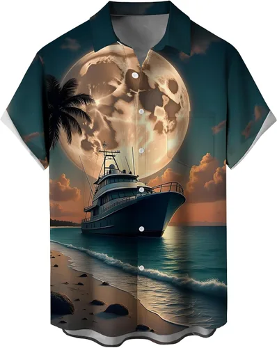 Vista 13 de Camisas tropicales con botones para hombre, camisas hawaianas de manga corta, casuales para vacaciones, camisas de playa holgadas Beige-playa escena
