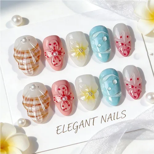 Vista 30 de Uñas postizas a presión medianas con diseño geométrico blanco almendra – 24 uñas postizas reutilizables de ABS brillante, fácil de aplicar, juego