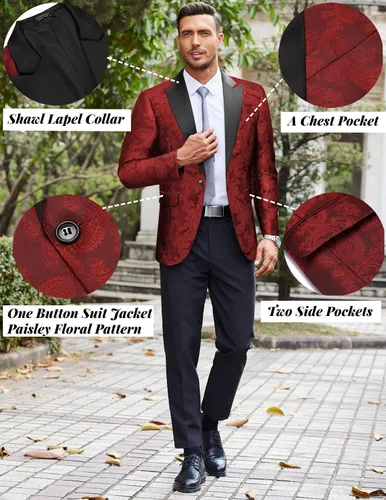 Vista 5 de COOFANDY Chaqueta de esmoquin formal de cachemira floral para hombre, vestido de cena, fiesta, baile de graduación, chaqueta de esmoquin