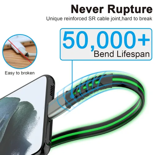 Vista 3 de Cable de carga LED USB C, cable de carga rápida tipo C de 6 pies con iluminación 3A con sincronización de datos, compatible con Samsung, Moto, LG
